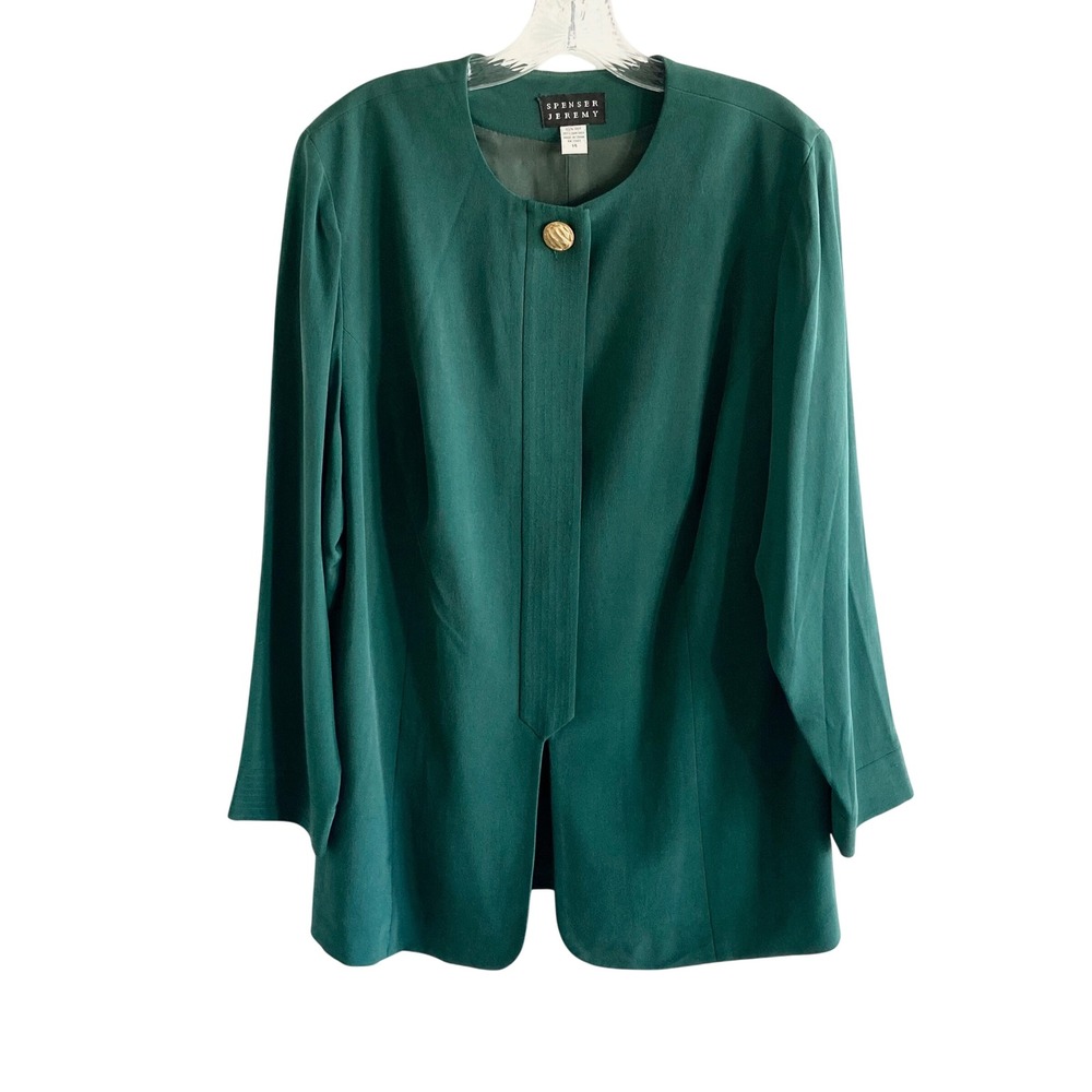 Spenser Jeremy Emerald Green 100% Silk Collarless Blazer Jacket Size 14 Vintage
